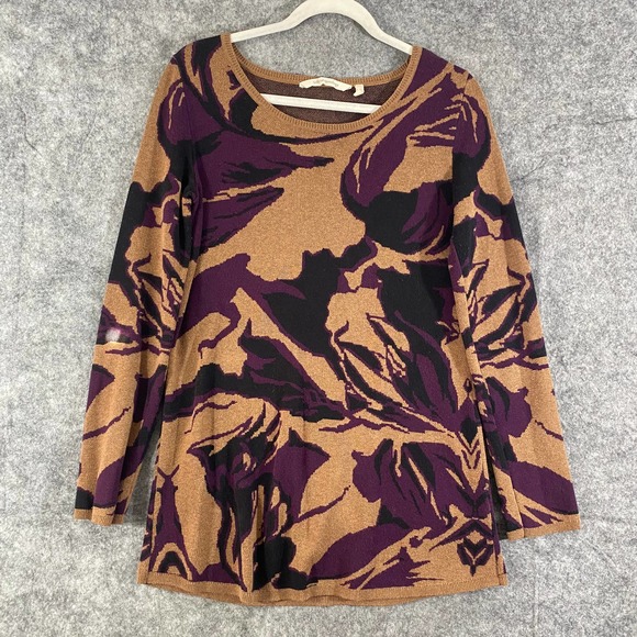 Soft Surroundings Sweater Small Tan Purple Printed Knit Long Sleeve Pullover - Picture 2 of 7